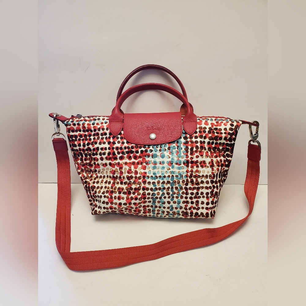 Longchamp Red Multicolor Dot Pattern Crossbody Bag